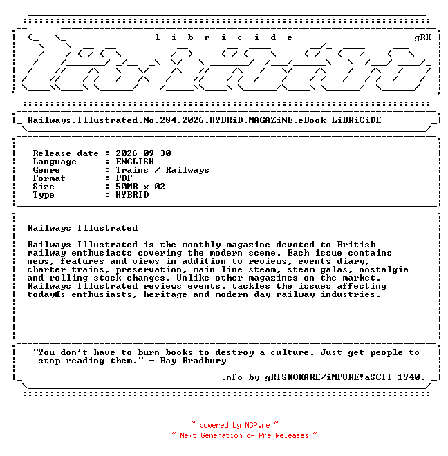 NFO for the release Railways.Illustrated.No.284.2026.HYBRiD.MAGAZiNE.eBook-LiBRiCiDE by LiBRiCiDE