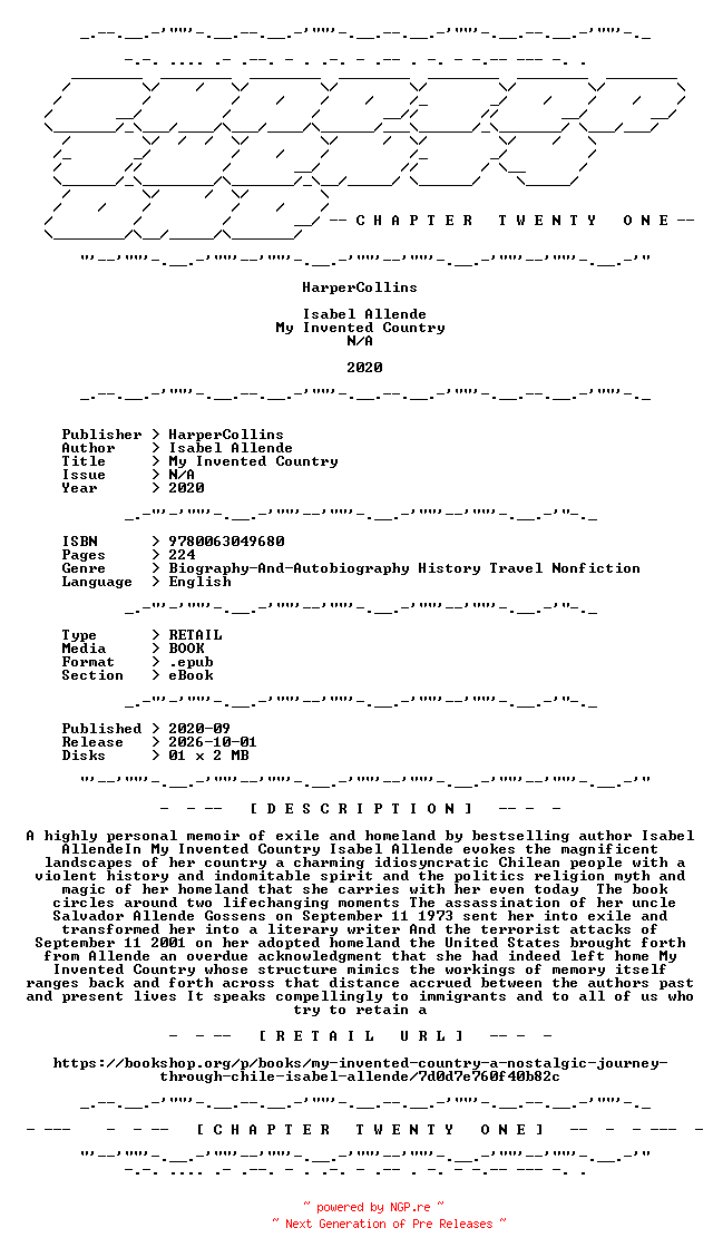 NFO for the release Isabel.Allende.-.My.Invented.Country.2020.RETAIL.EPUB.eBook-CTO by CTO