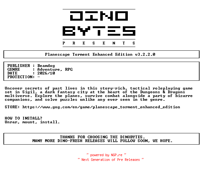 NFO for the release Planescape_Torment_Enhanced_Edition_v3.2.2.0-DINOByTES by DINOByTES