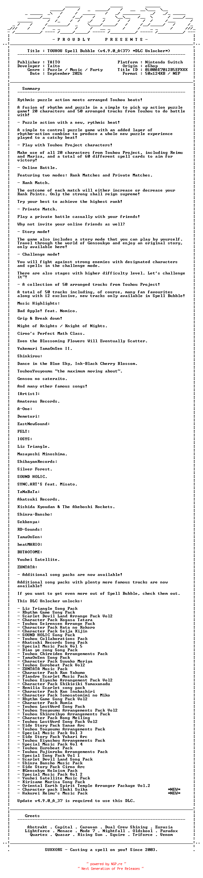 NFO for the release TOUHOU_Spell_Bubble_v4.9.0_A_37_DLC_Unlocker_NSW-SUXXORS by SUXXORS