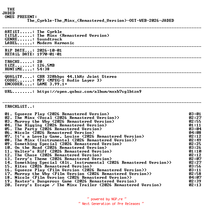 NFO for the release The_Cyrkle-The_Minx_(Remastered_Version)-OST-WEB-2026-JADED by JADED