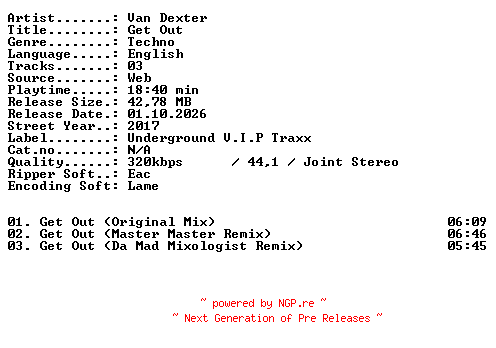 NFO for the release Van_Dexter-Get_Out-WEB-2017-XTC_iNT by XTC_iNT