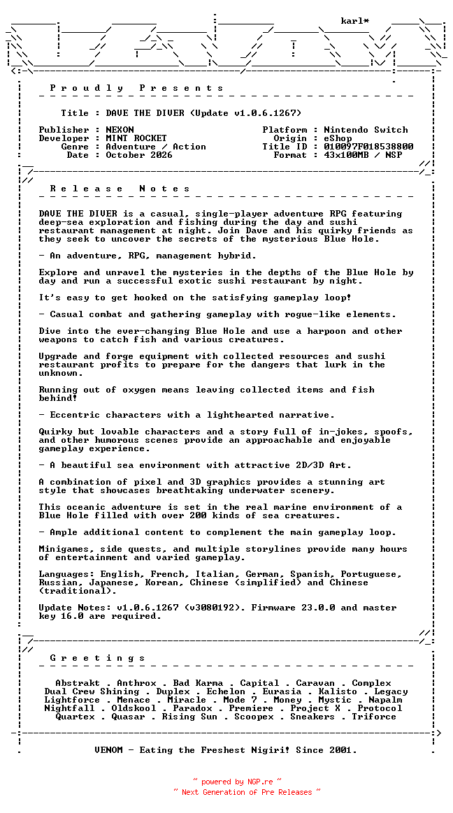 NFO for the release DAVE_THE_DIVER_Update_v1.0.6.1267_NSW-VENOM by VENOM