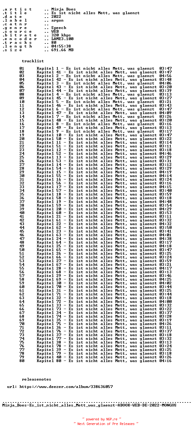 NFO for the release Mirja_Boes-Es_ist_nicht_alles_Mett_was_glaenzt-ABOOK-WEB-DE-2022-MONGOS by MONGOS
