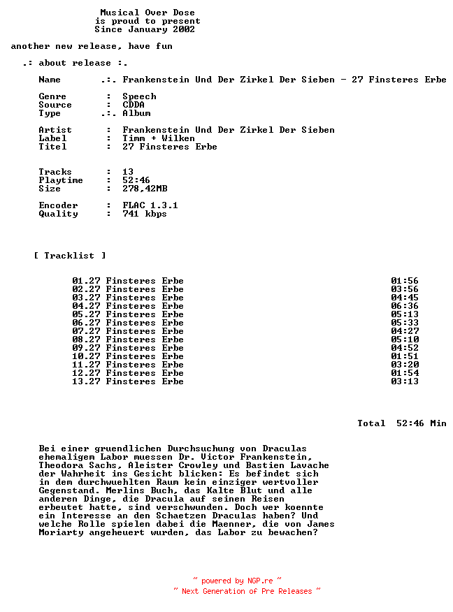 NFO for the release Frankenstein_Und_Der_Zirkel_Der_Sieben-27_Finsteres_Erbe-DE-Audiobook-CD-FLAC-2026-MOD by MOD