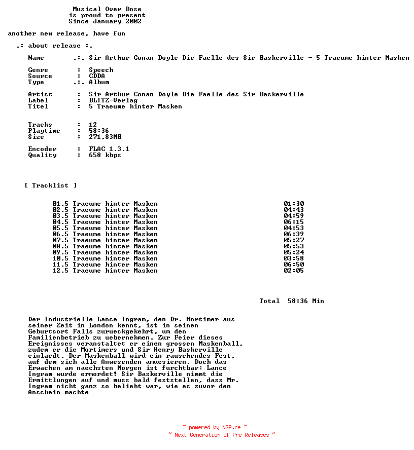 NFO for the release Sir_Arthur_Conan_Doyle_Die_Faelle_Des_Sir_Baskerville-5_Traeume_Hinter_Masken-DE-Audiobook-CD-FLAC-2026-MOD by MOD