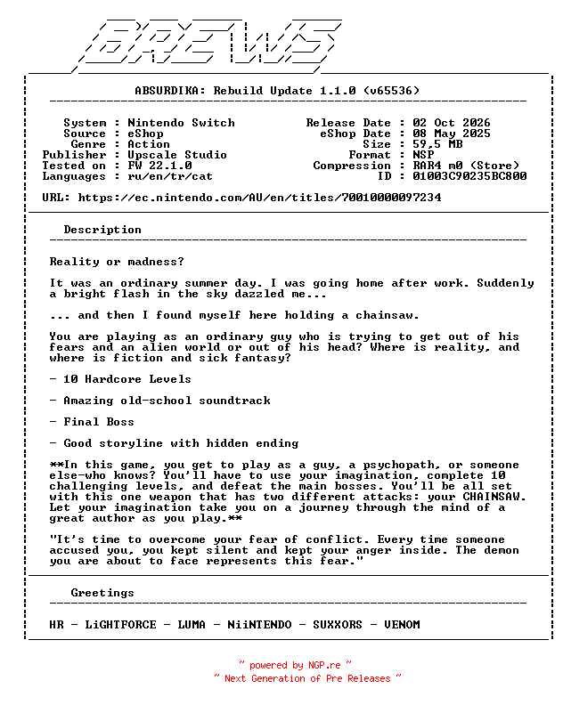 NFO for the release ABSURDIKA_Rebuild_Update_v1.1.0_NSW-BREWS by BREWS