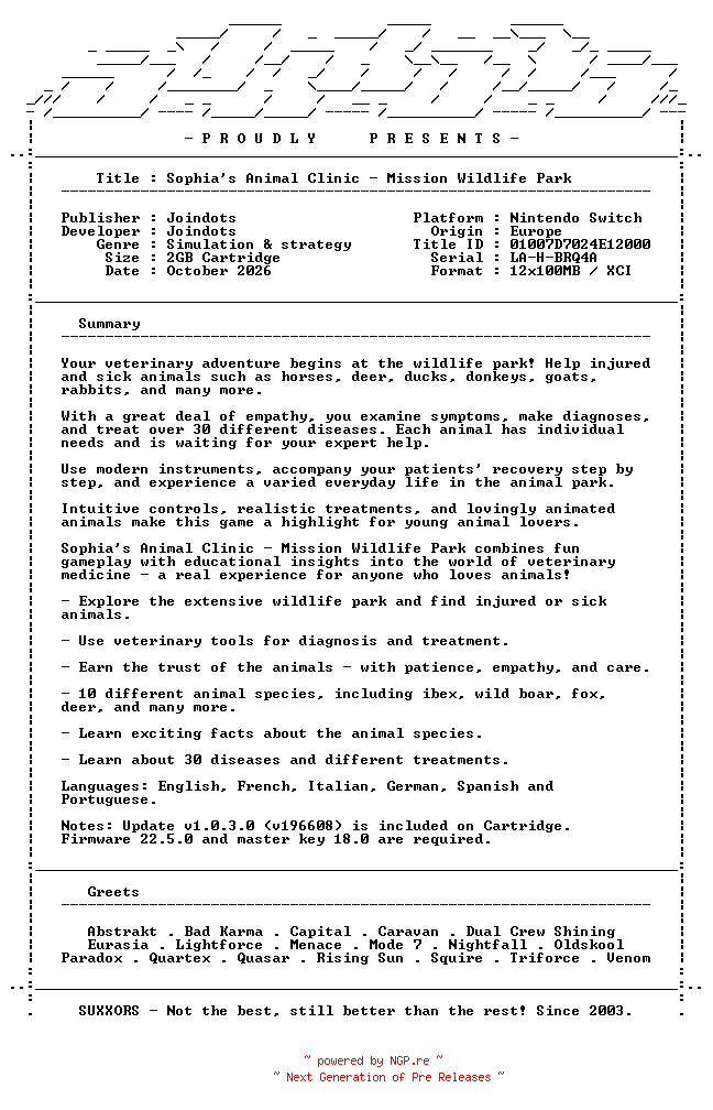 NFO for the release Sophias_Animal_Clinic_Mission_Wildlife_Park_NSW-SUXXORS by SUXXORS