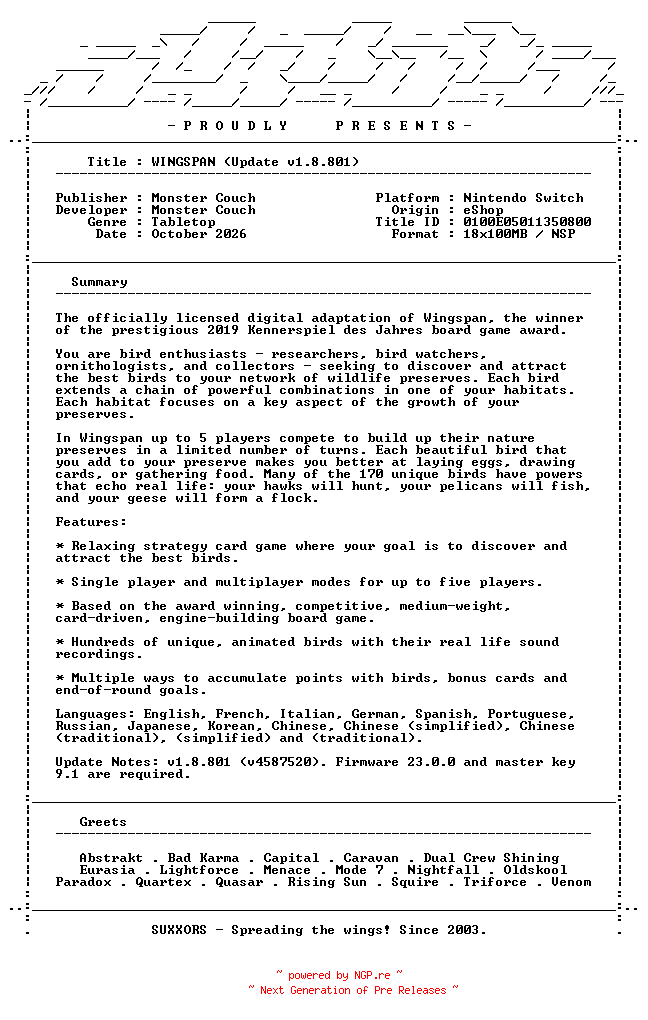 NFO for the release WINGSPAN_Update_v1.8.801_NSW-SUXXORS by SUXXORS