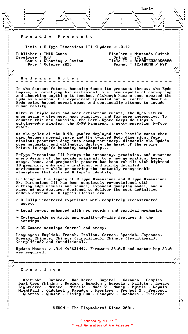 NFO for the release R-Type_Dimensions_III_Update_v1.0.4_NSW-VENOM by VENOM