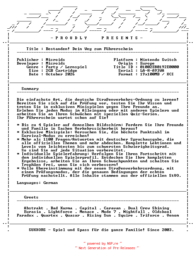 NFO for the release Bestanden_Dein_Weg_zum_Fuehrerschein_GERMAN_NSW-SUXXORS by SUXXORS