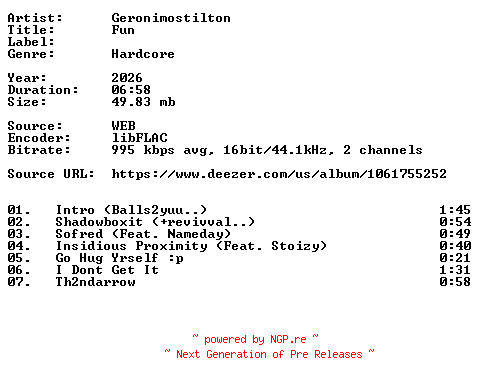 NFO for the release Geronimostilton-Fun-16BIT-WEB-FLAC-2026-VEXED by VEXED