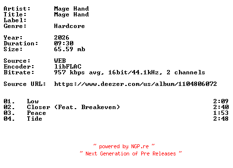 NFO for the release Mage_Hand-Mage_Hand-Demo-16BIT-WEB-FLAC-2026-VEXED by VEXED