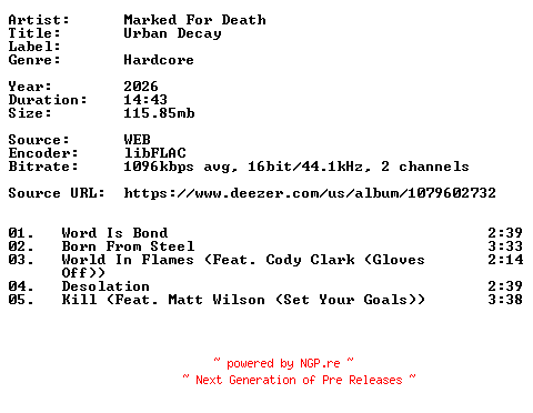 NFO for the release Marked_For_Death-Urban_Decay-16BIT-WEB-FLAC-2026-VEXED by VEXED