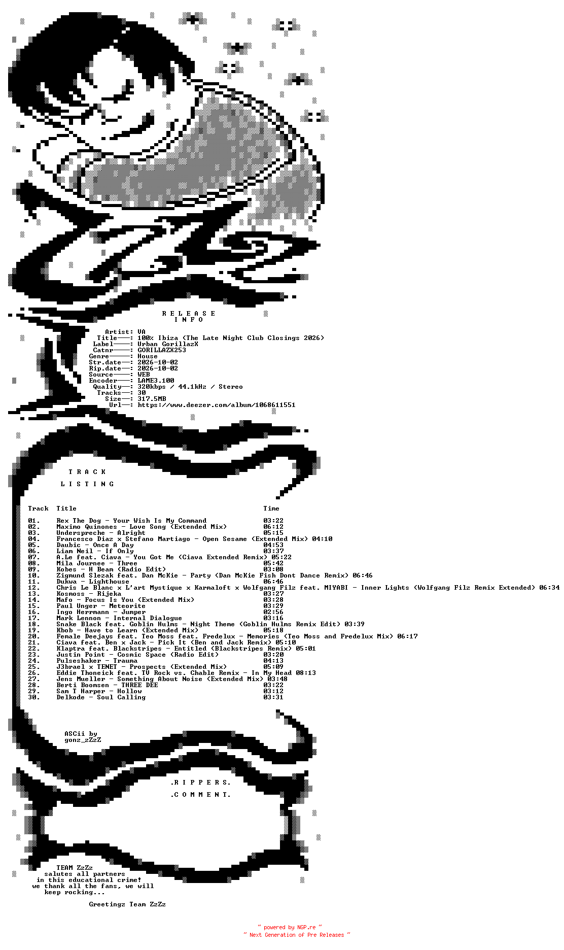 NFO for the release VA_-_100_Percent_Ibiza_(The_Late_Night_Club_Closings_2026)-(GORILLAZX253)-WEB-2026-ZzZz by ZzZz