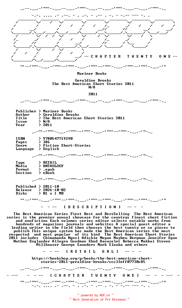 NFO for the release Mariner.Books.-.The.Best.American.Short.Stories.2011.2011.RETAIL.EPUB.eBook-CTO by CTO