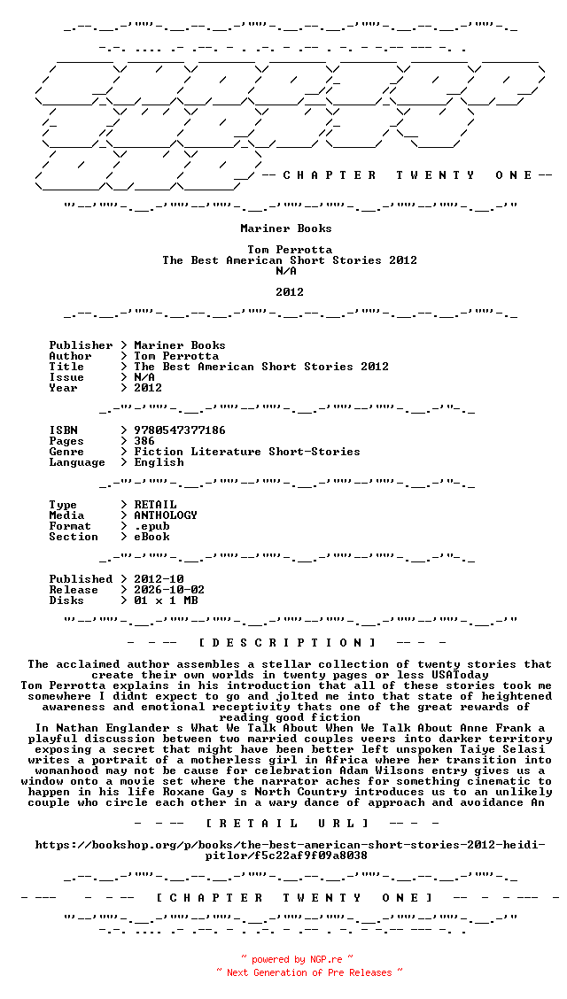 NFO for the release Mariner.Books.-.The.Best.American.Short.Stories.2012.2012.RETAIL.EPUB.eBook-CTO by CTO