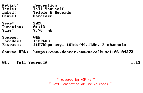 NFO for the release Prevention-Tell_Yourself-Single-16BIT-WEB-FLAC-2026-VEXED by VEXED