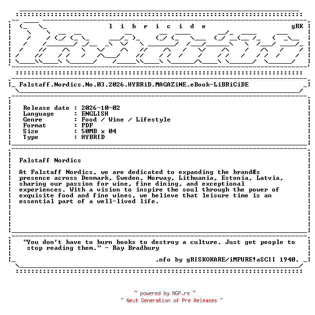 NFO for the release Falstaff.Nordics.No.03.2026.HYBRiD.MAGAZiNE.eBook-LiBRiCiDE by LiBRiCiDE