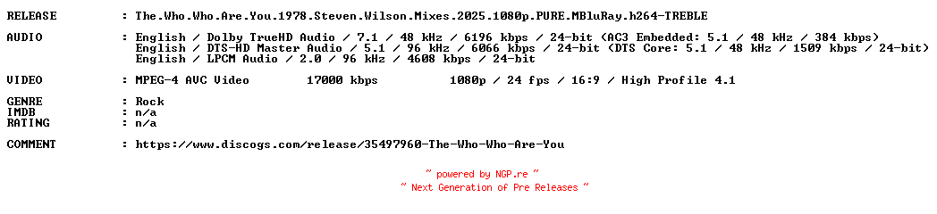 NFO for the release The.Who.Who.Are.You.1978.Steven.Wilson.Mixes.2025.1080p.PURE.MBluRay.h264-TREBLE by TREBLE