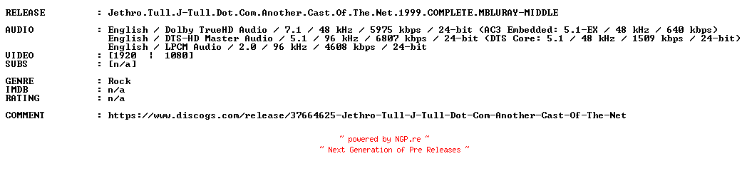 NFO for the release Jethro.Tull.J-Tull.Dot.Com.Another.Cast.Of.The.Net.1999.COMPLETE.MBLURAY-MIDDLE by MIDDLE