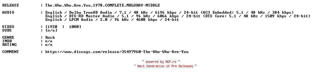 NFO for the release The.Who.Who.Are.You.1978.COMPLETE.MBLURAY-MIDDLE by MIDDLE