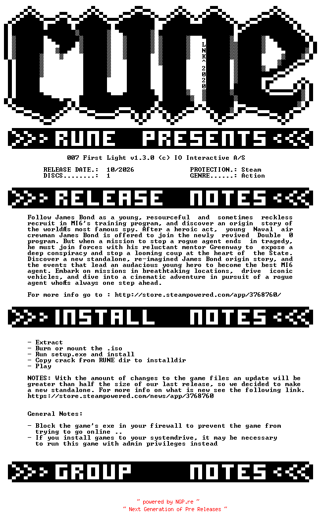 NFO for the release 007.First.Light.v1.3.0-RUNE by RUNE