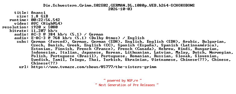 NFO for the release Die.Schwestern.Grimm.S02E02.GERMAN.DL.1080p.WEB.h264-SCHOKOBONS by SCHOKOBONS