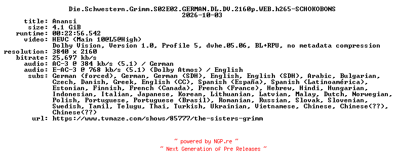 NFO for the release Die.Schwestern.Grimm.S02E02.GERMAN.DL.DV.2160p.WEB.h265-SCHOKOBONS by SCHOKOBONS