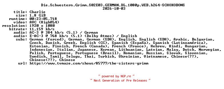 NFO for the release Die.Schwestern.Grimm.S02E03.GERMAN.DL.1080p.WEB.h264-SCHOKOBONS by SCHOKOBONS