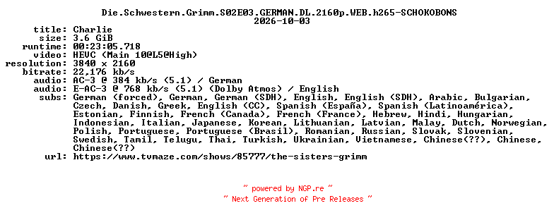 NFO for the release Die.Schwestern.Grimm.S02E03.GERMAN.DL.2160p.WEB.h265-SCHOKOBONS by SCHOKOBONS