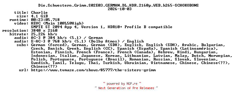 NFO for the release Die.Schwestern.Grimm.S02E03.GERMAN.DL.HDR.2160p.WEB.h265-SCHOKOBONS by SCHOKOBONS