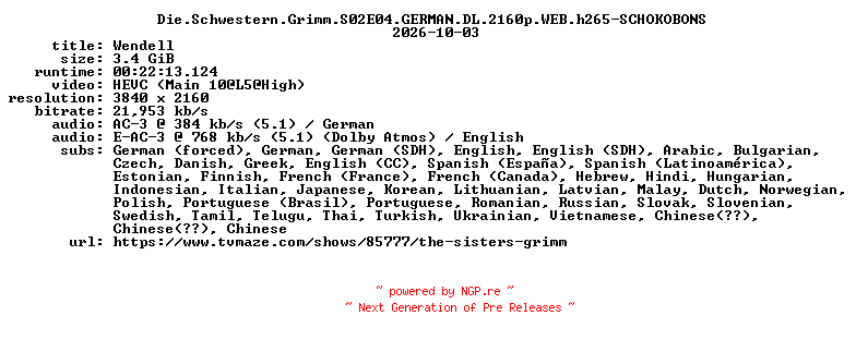 NFO for the release Die.Schwestern.Grimm.S02E04.GERMAN.DL.2160p.WEB.h265-SCHOKOBONS by SCHOKOBONS