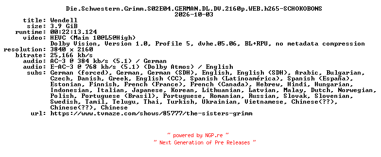 NFO for the release Die.Schwestern.Grimm.S02E04.GERMAN.DL.DV.2160p.WEB.h265-SCHOKOBONS by SCHOKOBONS