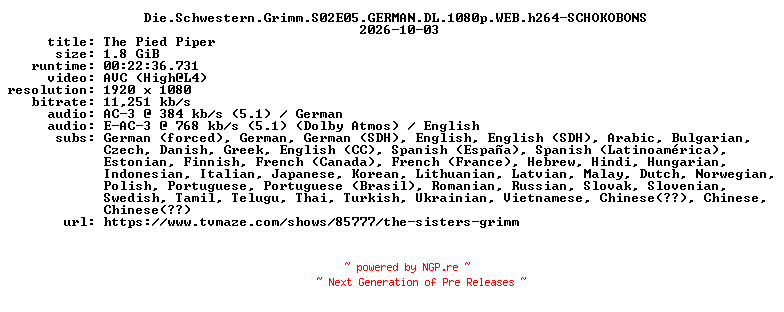 NFO for the release Die.Schwestern.Grimm.S02E05.GERMAN.DL.1080p.WEB.h264-SCHOKOBONS by SCHOKOBONS