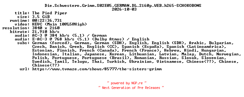 NFO for the release Die.Schwestern.Grimm.S02E05.GERMAN.DL.2160p.WEB.h265-SCHOKOBONS by SCHOKOBONS