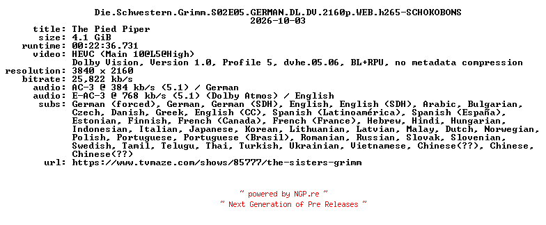 NFO for the release Die.Schwestern.Grimm.S02E05.GERMAN.DL.DV.2160p.WEB.h265-SCHOKOBONS by SCHOKOBONS