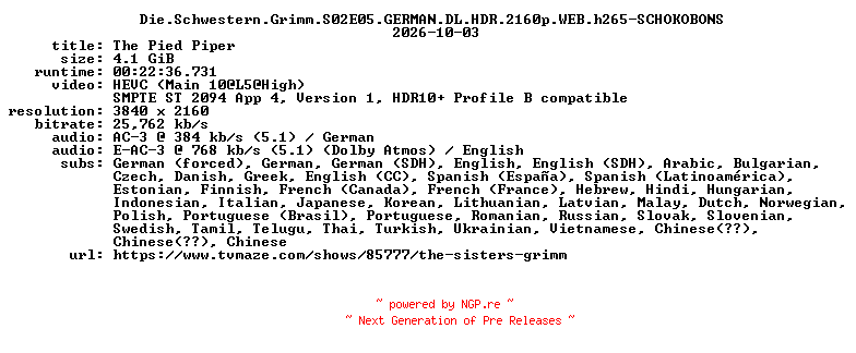 NFO for the release Die.Schwestern.Grimm.S02E05.GERMAN.DL.HDR.2160p.WEB.h265-SCHOKOBONS by SCHOKOBONS