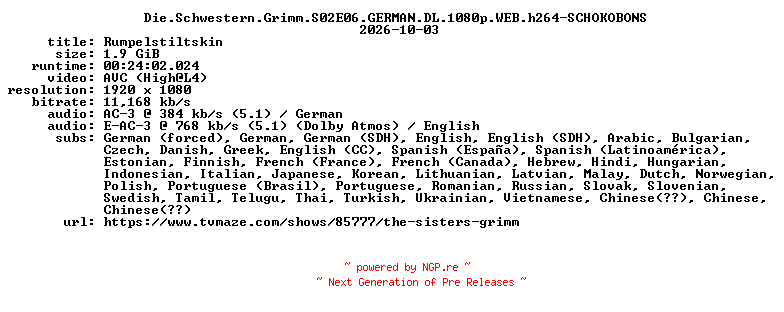 NFO for the release Die.Schwestern.Grimm.S02E06.GERMAN.DL.1080p.WEB.h264-SCHOKOBONS by SCHOKOBONS