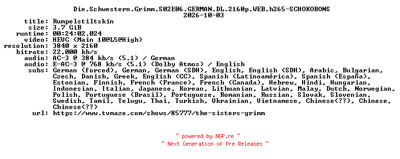NFO for the release Die.Schwestern.Grimm.S02E06.GERMAN.DL.2160p.WEB.h265-SCHOKOBONS by SCHOKOBONS