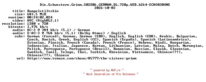 NFO for the release Die.Schwestern.Grimm.S02E06.GERMAN.DL.720p.WEB.h264-SCHOKOBONS by SCHOKOBONS