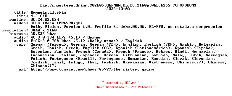 NFO for the release Die.Schwestern.Grimm.S02E06.GERMAN.DL.DV.2160p.WEB.h265-SCHOKOBONS by SCHOKOBONS