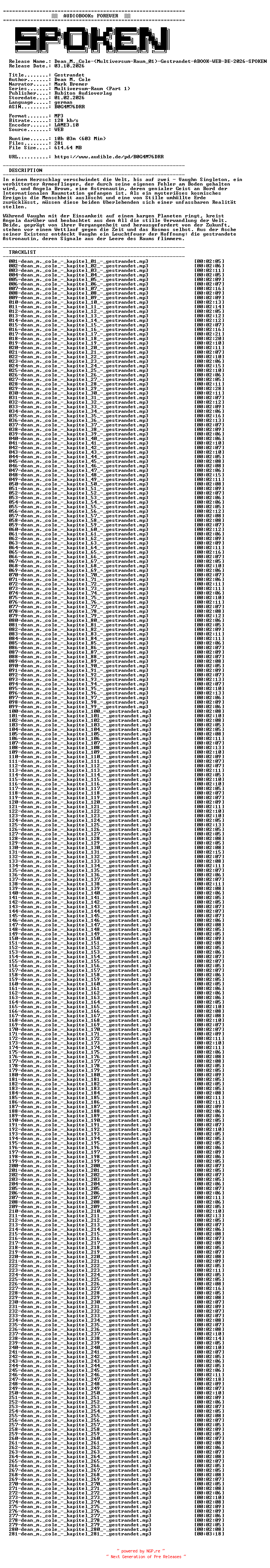 NFO for the release Dean_M._Cole-(Multiversum-Raum_01)-Gestrandet-ABOOK-WEB-DE-2026-SPOKEN by SPOKEN