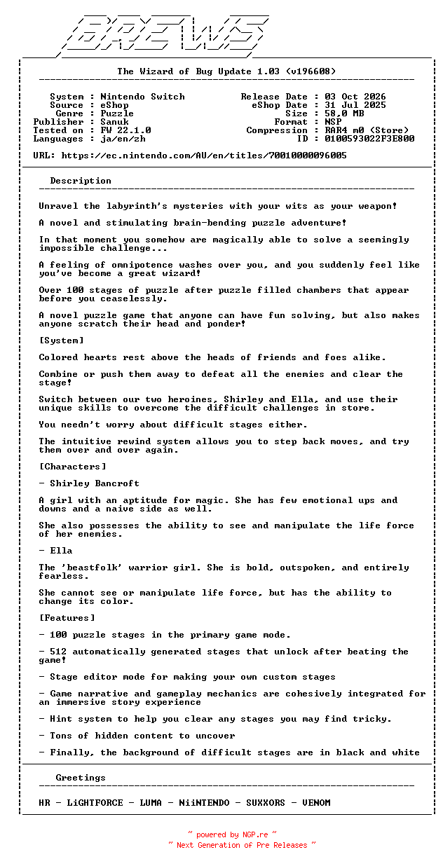 NFO for the release The_Wizard_of_Bug_Update_v1.03_NSW-BREWS by BREWS