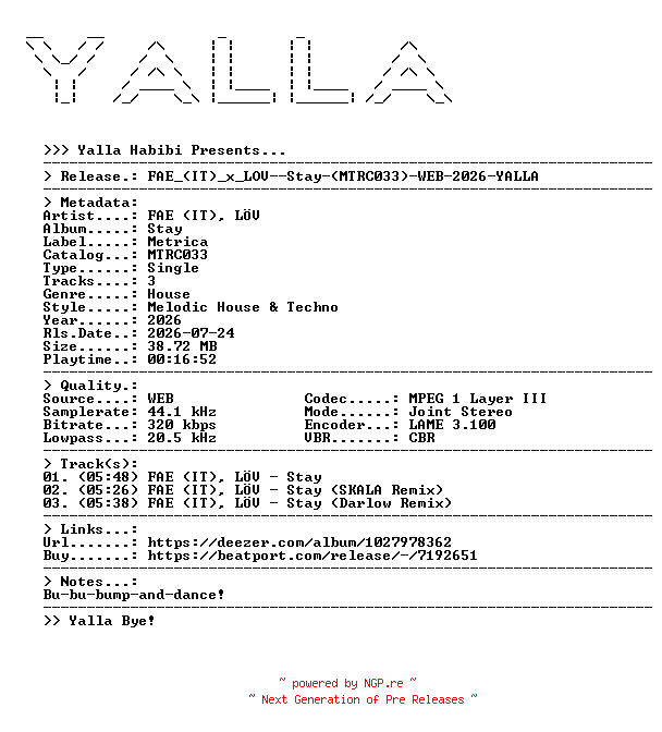NFO for the release FAE_(IT)_x_LOV--Stay-(MTRC033)-WEB-2026-YALLA by YALLA