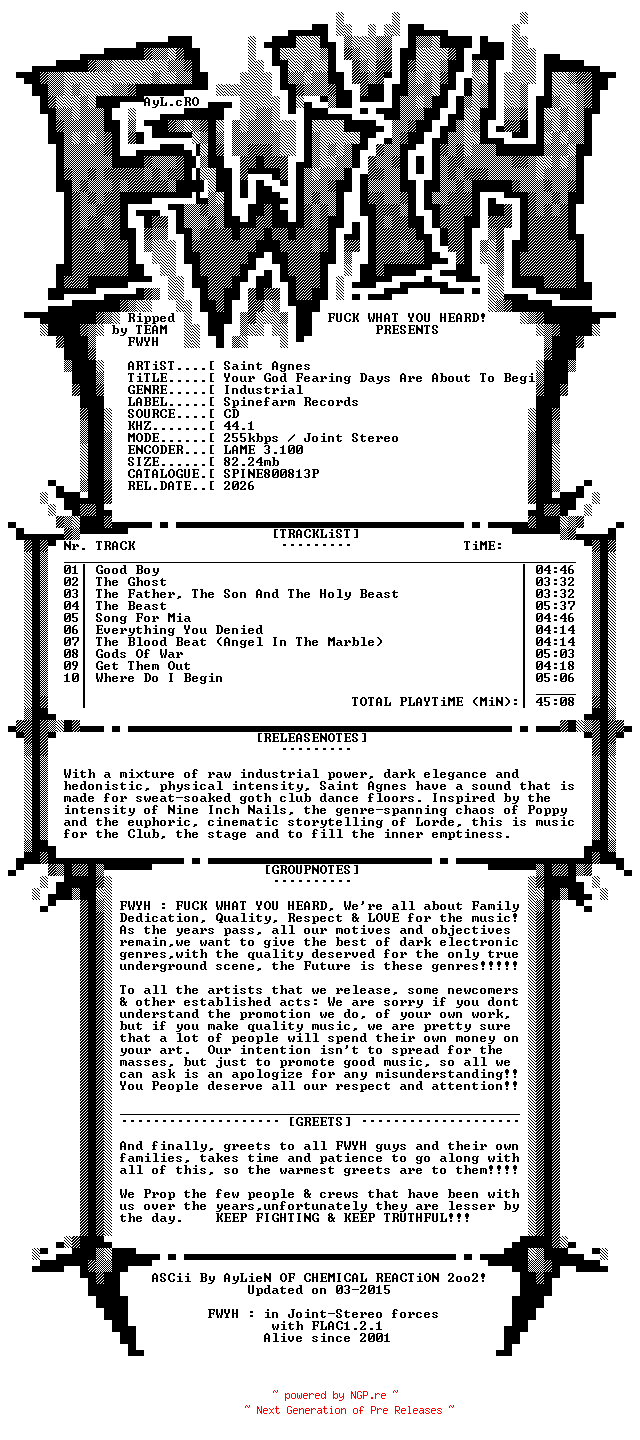 NFO for the release Saint_Agnes-Your_God_Fearing_Days_Are_About_To_Begin-CD-2026-FWYH by FWYH