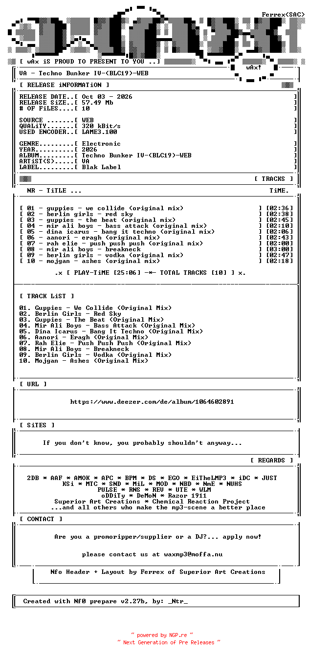 NFO for the release VA-Techno_Bunker_IV-(BLC19)-WEB-2026-wAx by wAx