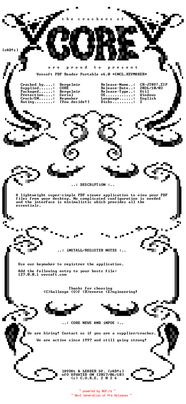 NFO for the release Vovsoft.PDF.Reader.Portable.v6.0.Incl.Keymaker-CORE by CORE