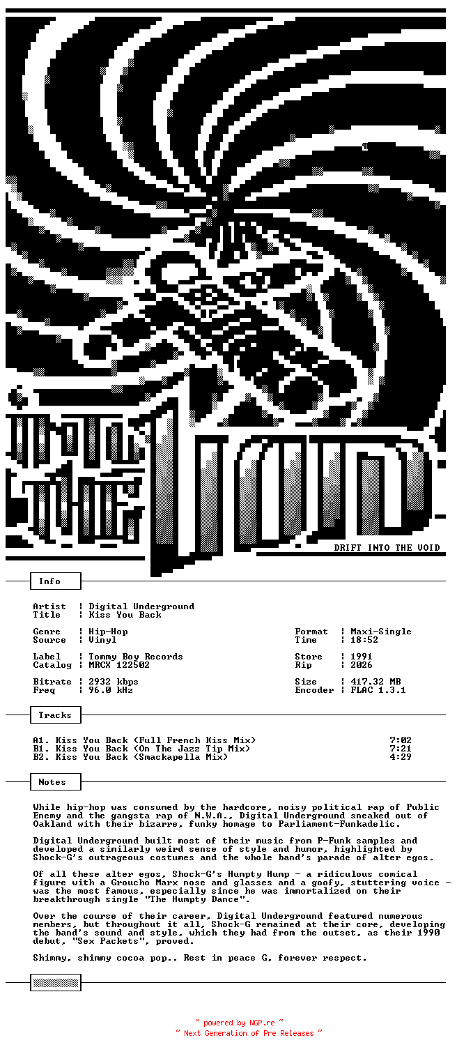 NFO for the release Digital_Underground-Kiss_You_Back-VLS-FLAC-1991-THEVOiD by THEVOiD
