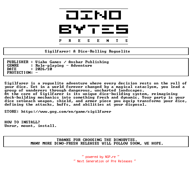 NFO for the release Sigilfarer_A_Dice-Rolling_Roguelite-DINOByTES by DINOByTES